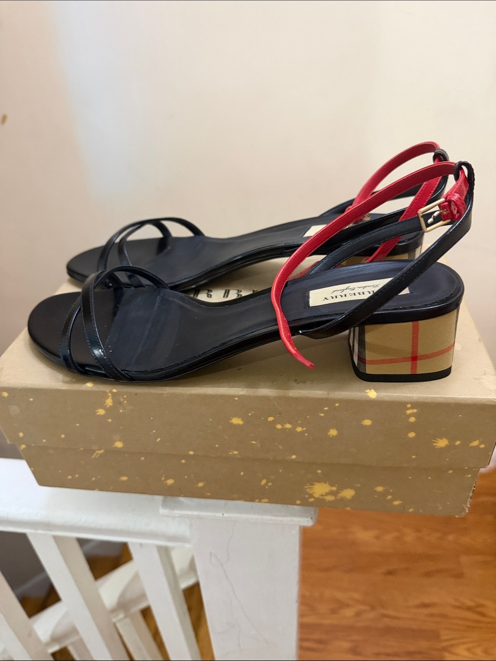 Burberry Black Sandals with Red Ankle Straps and Signature Check Heel